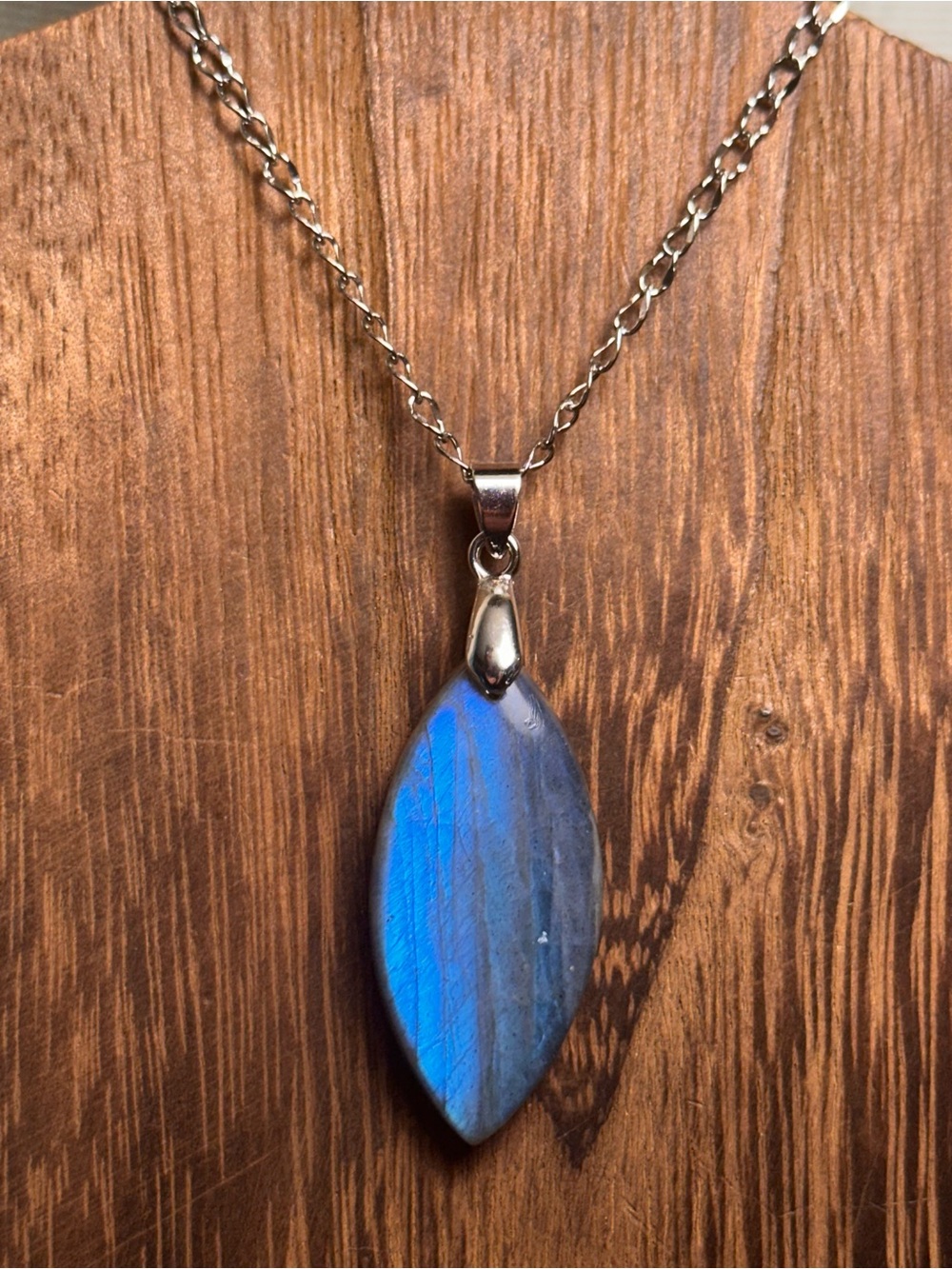 Blue Labradorite Marquise Shaped Pendant Necklace on Stainless Steel Chain - Picture 5 of 16